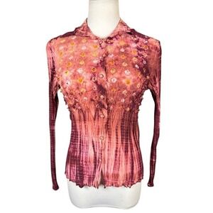 Fantazia Women Silk Blend Popcorn Tie Dye Button Down Long Sleeve Top Pink